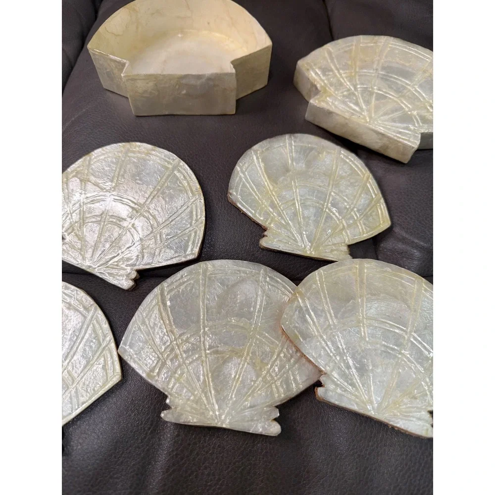 Lillian Vernon Vintage Capiz Shell Coasters Set of 6 with‎ Holder 8259